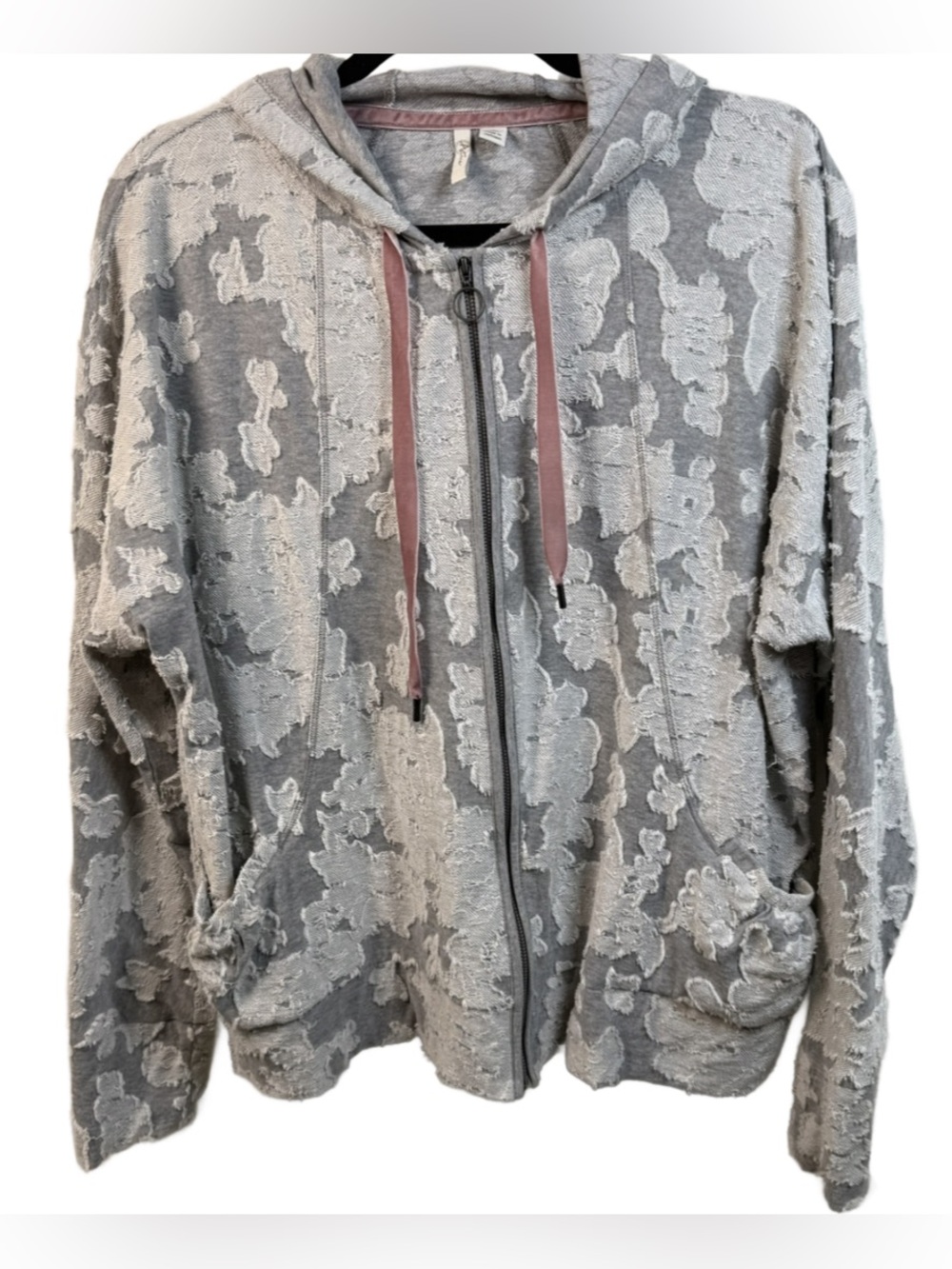 Active USA Gray Textured Zip-Up Hoodie with Pink velvet Drawcords